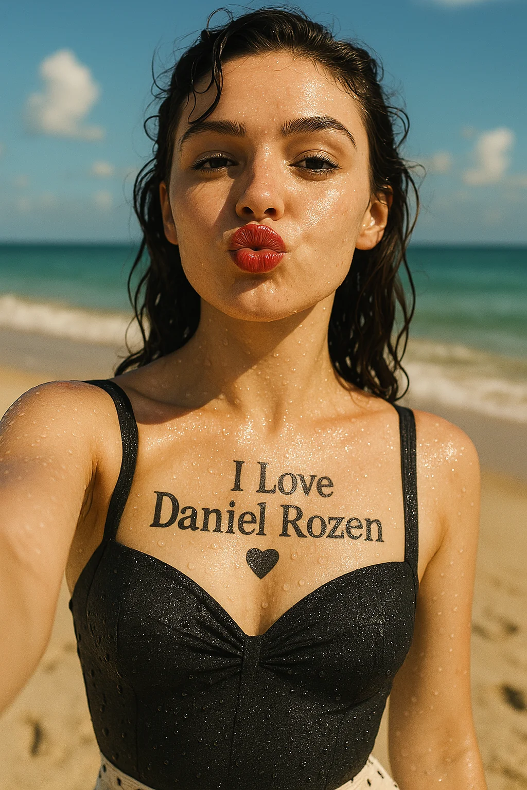 امرأة بالبكيني وعليه كتابة I Love Daniel Rozen على صدرها، واقفة عالشط – رحلة ممتعة مع حبيب للإيجار | رحلة إكستريم للنساء | حبيب للإيجار ليوم ممتع | مواعيد مليانة تجربة | مغامرة مع رجل كاريزما | رحلات برية ثنائية | يوم حب رومانسي | تجارب أدرينالين | موعد مليان إحساس | حبيب مؤقت | تجارب زوجية مشوّقة.